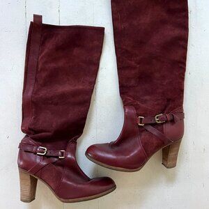 Comptoir Des Cotonniers Maroon Leather & Suede Tall High Heeled Boots (Size 36)
